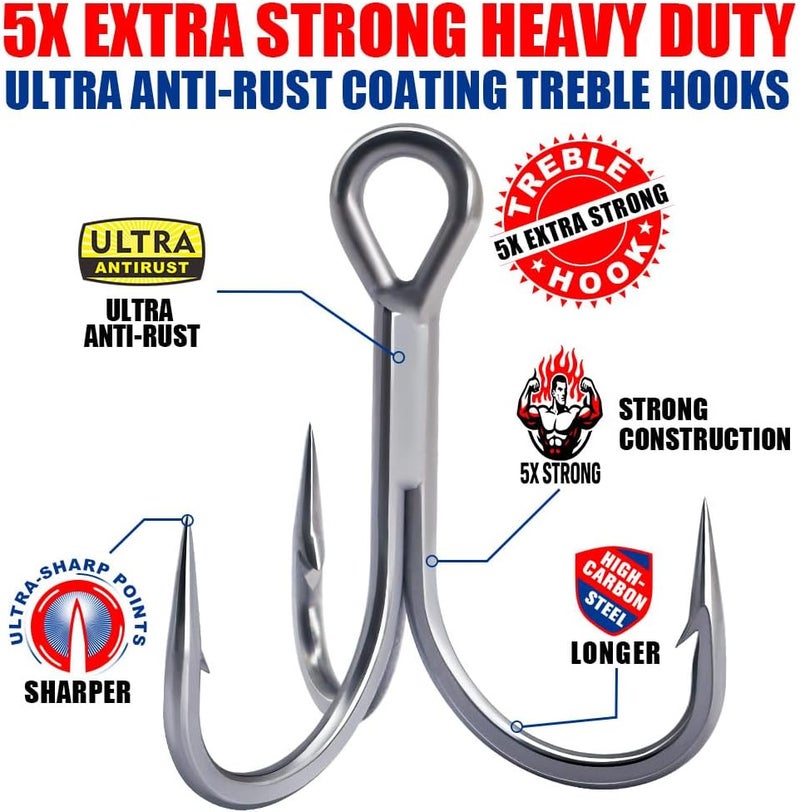 LURELINK Fishing-Treble-Hooks-5X-Extra-Strong-Heavy-Duty Ultra Anti-Rust Bulk Hooks for Saltwater and Freshwater Fishing Sizes 5/0 to #8 - Image 2